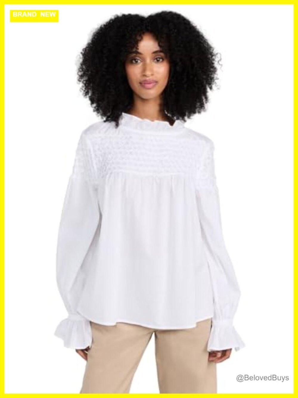 Merlette Majorelle Poplin Blouse High Neck Ruffle Smocked Yoke Loose Fit